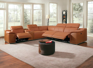 Homeroots Camel Italian Leather Power Reclining U Shaped Six Piece Corner Sectional With Console Camel  366351