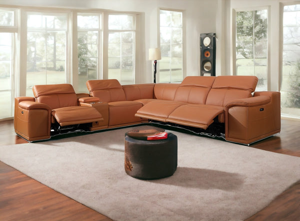Homeroots Camel Italian Leather Power Reclining U Shaped Six Piece Corner Sectional With Console Camel  366351