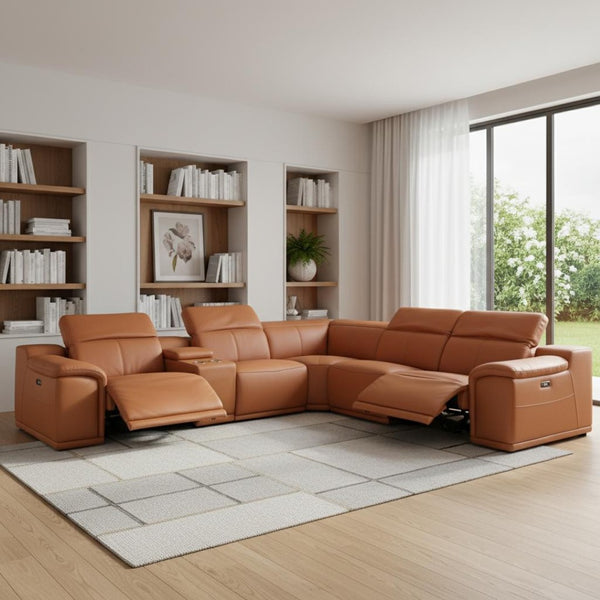 HomeRoots Camel Italian Leather U-Shaped Power Reclining Sectional with Console for Luxurious Comfort CAMEL 366351