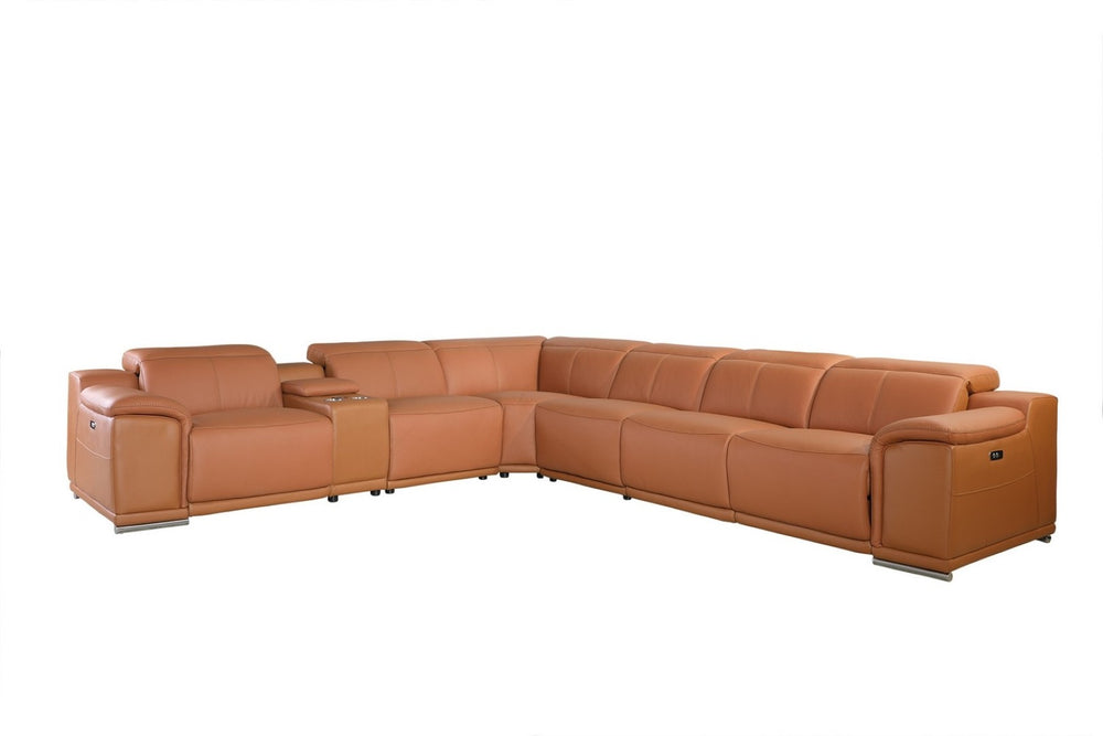 HomeRoots Camel Italian Leather U-Shaped Sectional Sofa with Power Recline, Console & Luxurious Comfort Camel 366352