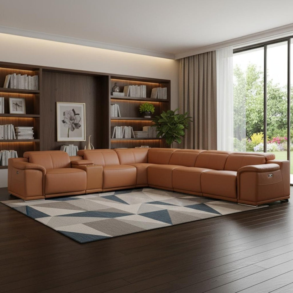 HomeRoots Camel Italian Leather U-Shaped Sectional Sofa with Power Recline, Console & Luxurious Comfort Camel 366352