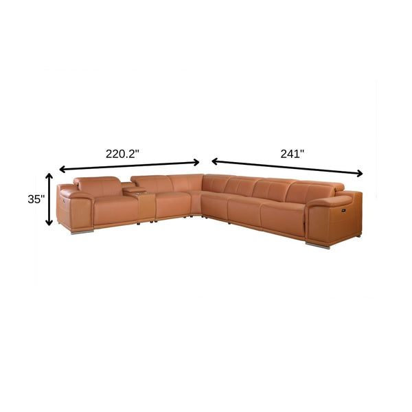 HomeRoots Camel Italian Leather U-Shaped Sectional Sofa with Power Recline, Console & Luxurious Comfort Camel 366352