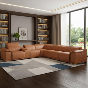 HomeRoots Camel Italian Leather U-Shaped Seven-Piece Power Reclining Sectional with Stylish Console Storage Camel 366353