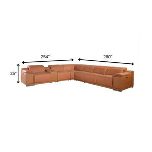 HomeRoots Camel Italian Leather U-Shaped Seven-Piece Power Reclining Sectional with Stylish Console Storage Camel 366353