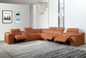 Homeroots Camel Italian Leather Power Reclining U Shaped Eight Piece Corner Sectional With Console Camel  366354