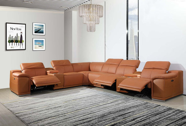 Homeroots Camel Italian Leather Power Reclining U Shaped Eight Piece Corner Sectional With Console Camel  366354