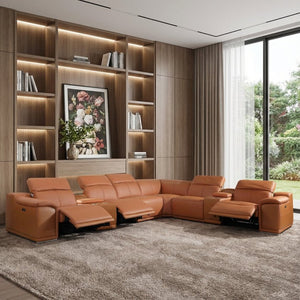 HomeRoots Camel Italian Leather U-Shaped Power Reclining Sectional with Console for Luxurious Comfort Camel 366354