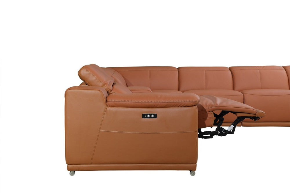 HomeRoots Camel Italian Leather U-Shaped Power Reclining Sectional with Console for Luxurious Comfort Camel 366354