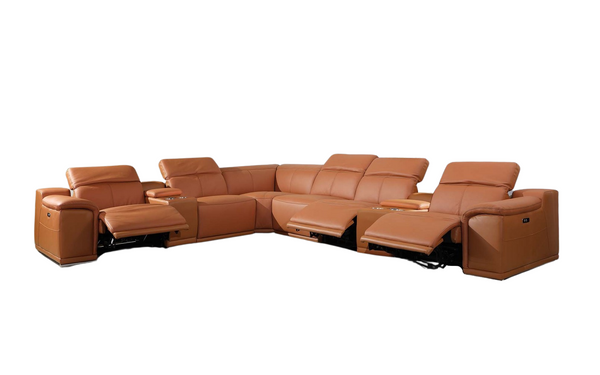 Homeroots Camel Italian Leather Power Reclining U Shaped Eight Piece Corner Sectional With Console Camel  366354
