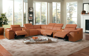 Homeroots Camel Italian Leather Power Reclining U Shaped Eight Piece Corner Sectional With Console Camel  366354