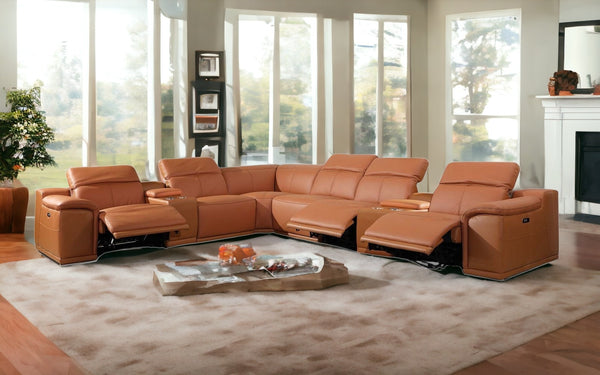 Homeroots Camel Italian Leather Power Reclining U Shaped Eight Piece Corner Sectional With Console Camel  366354
