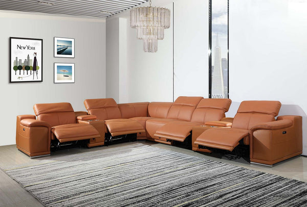 Homeroots Camel Italian Leather Power Reclining U Shaped Eight Piece Corner Sectional With Console Camel  366355