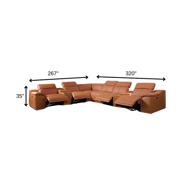 HomeRoots Camel Italian Leather Power Reclining U-Shaped Sectional Sofa with Console for Luxurious Comfort Camel 366355