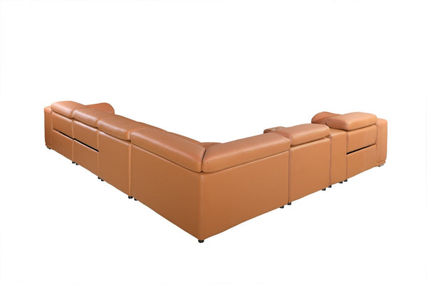 Homeroots Camel Italian Leather Power Reclining U Shaped Eight Piece Corner Sectional With Console Camel  366355