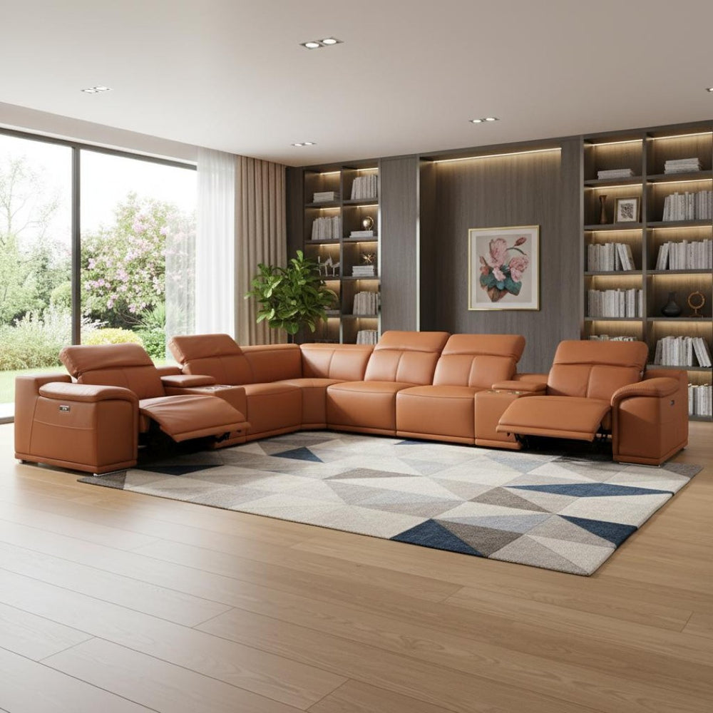 HomeRoots Camel Italian Leather Power Reclining U-Shaped Sectional Sofa with Console for Luxurious Comfort Camel 366355