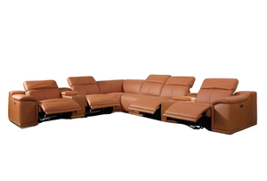 Homeroots Camel Italian Leather Power Reclining U Shaped Eight Piece Corner Sectional With Console Camel  366355