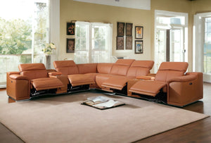 Homeroots Camel Italian Leather Power Reclining U Shaped Eight Piece Corner Sectional With Console Camel  366355