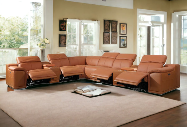Homeroots Camel Italian Leather Power Reclining U Shaped Eight Piece Corner Sectional With Console Camel  366355