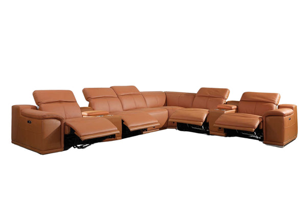 Homeroots Camel Italian Leather Power Reclining U Shaped Eight Piece Corner Sectional With Console Camel  366355