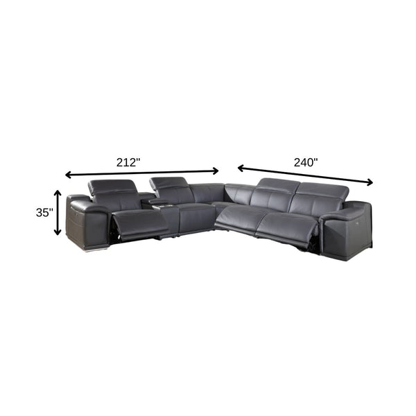 HomeRoots Gray Italian Leather U-Shaped Power Reclining Sectional with Console for Modern Living Spaces GREY 366356