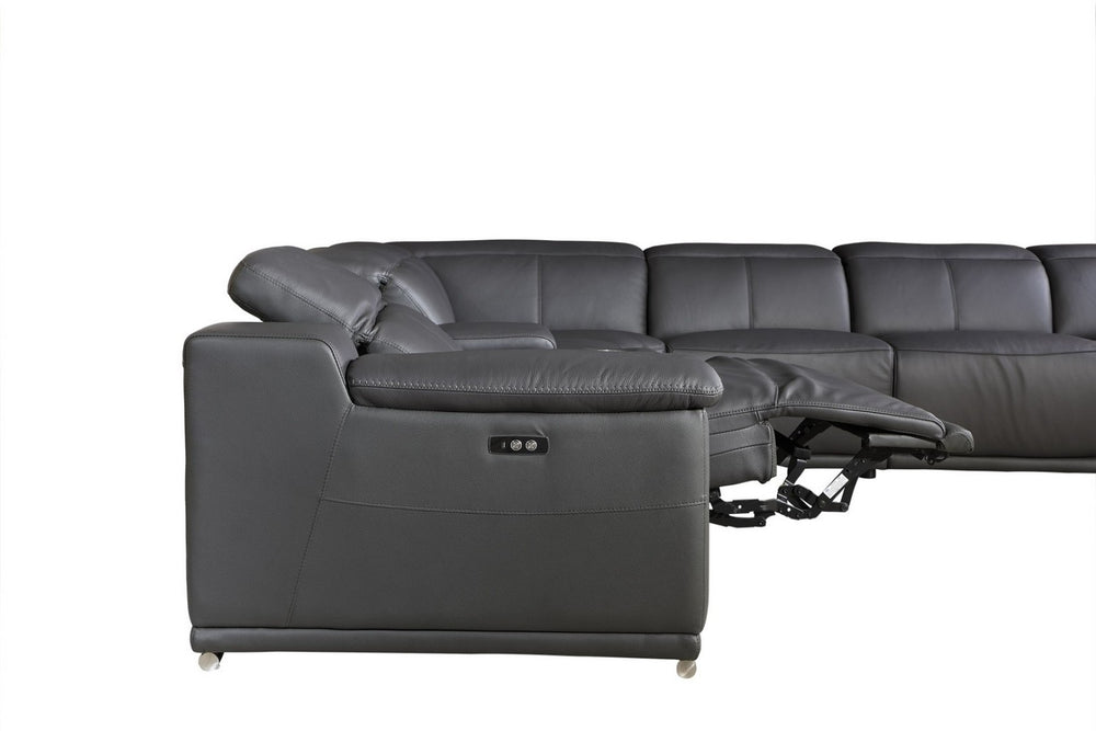 HomeRoots Gray Italian Leather U-Shaped Power Reclining Sectional with Console for Modern Living Spaces GREY 366356