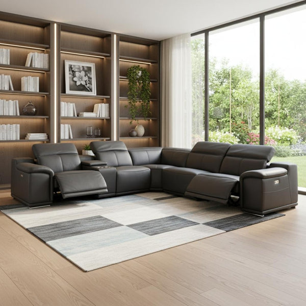 HomeRoots Gray Italian Leather U-Shaped Power Reclining Sectional with Console for Modern Living Spaces GREY 366356
