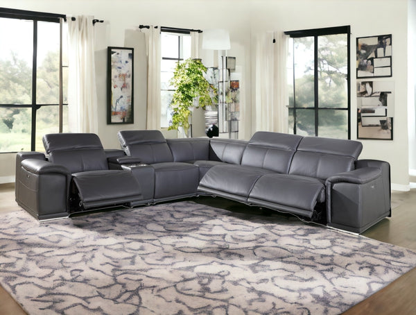 Homeroots Gray Italian Leather Power Reclining U Shaped Six Piece Corner Sectional With Console Grey  366356