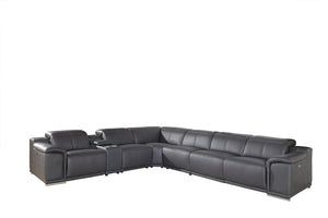 Homeroots Gray Italian Leather Power Reclining U Shaped Seven Piece Corner Sectional With Console Grey  366357