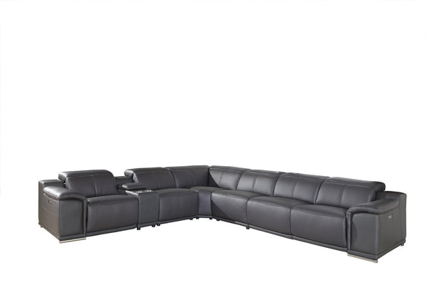 Homeroots Gray Italian Leather Power Reclining U Shaped Seven Piece Corner Sectional With Console Grey  366357