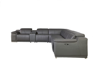 Homeroots Gray Italian Leather Power Reclining U Shaped Seven Piece Corner Sectional With Console Grey  366357
