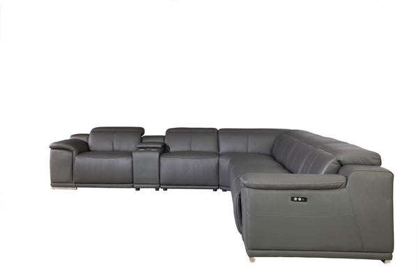 Homeroots Gray Italian Leather Power Reclining U Shaped Seven Piece Corner Sectional With Console Grey  366357