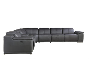 Homeroots Gray Italian Leather Power Reclining U Shaped Seven Piece Corner Sectional With Console Grey  366357