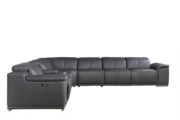 Homeroots Gray Italian Leather Power Reclining U Shaped Seven Piece Corner Sectional With Console Grey  366357