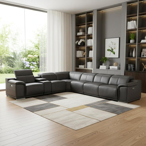 HomeRoots Gray Italian Leather Power Reclining U-Shaped Sectional Sofa with Console & Storage for Comfort GREY 366357