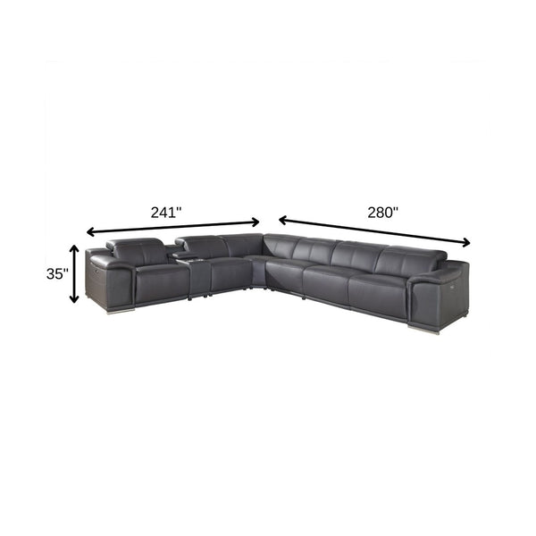 HomeRoots Gray Italian Leather Power Reclining U-Shaped Sectional Sofa with Console & Storage for Comfort GREY 366357