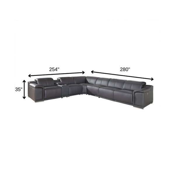 HomeRoots Gray Italian Leather U-Shaped Sectional Sofa with Power Recline and Integrated Console for Comfort GREY 366358