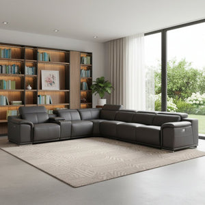 HomeRoots Gray Italian Leather U-Shaped Sectional Sofa with Power Recline and Integrated Console for Comfort GREY 366358