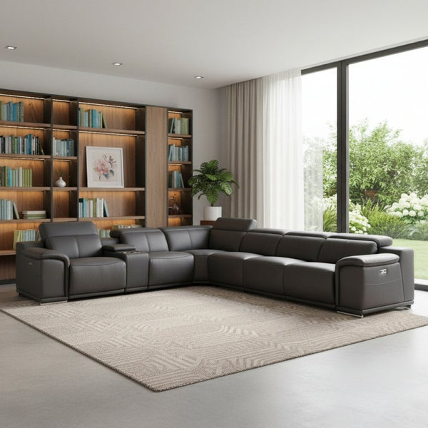 HomeRoots Gray Italian Leather U-Shaped Sectional Sofa with Power Recline and Integrated Console for Comfort GREY 366358