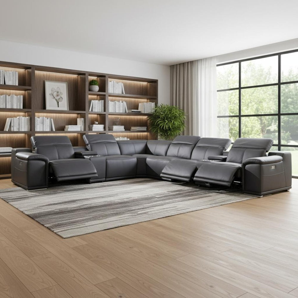 HomeRoots Gray Italian Leather U-Shaped Sectional with Power Reclining & Console for Ultimate Comfort GREY 366359
