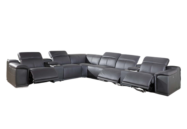 Homeroots Gray Italian Leather Power Reclining U Shaped Eight Piece Corner Sectional With Console Grey  366359