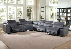 Homeroots Gray Italian Leather Power Reclining U Shaped Eight Piece Corner Sectional With Console Grey  366359