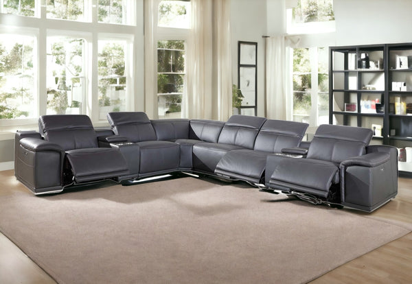 Homeroots Gray Italian Leather Power Reclining U Shaped Eight Piece Corner Sectional With Console Grey  366359