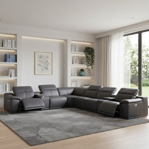 HomeRoots Gray Italian Leather U-Shaped Sectional with Power Recline, Console Storage for Ultimate Comfort GREY 366360
