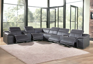 Homeroots Gray Italian Leather Power Reclining U Shaped Eight Piece Corner Sectional With Console Grey  366360