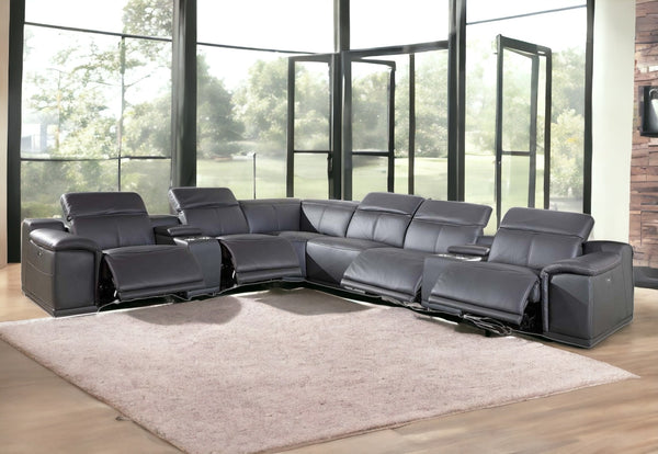 Homeroots Gray Italian Leather Power Reclining U Shaped Eight Piece Corner Sectional With Console Grey  366360