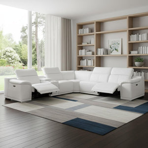 HomeRoots White Italian Leather U-Shaped Sectional Sofa with Power Recline, Console & Modern Design for Comfort White 366361