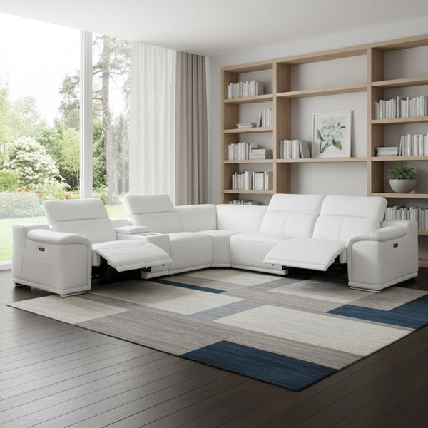 HomeRoots White Italian Leather U-Shaped Sectional Sofa with Power Recline, Console & Modern Design for Comfort White 366361