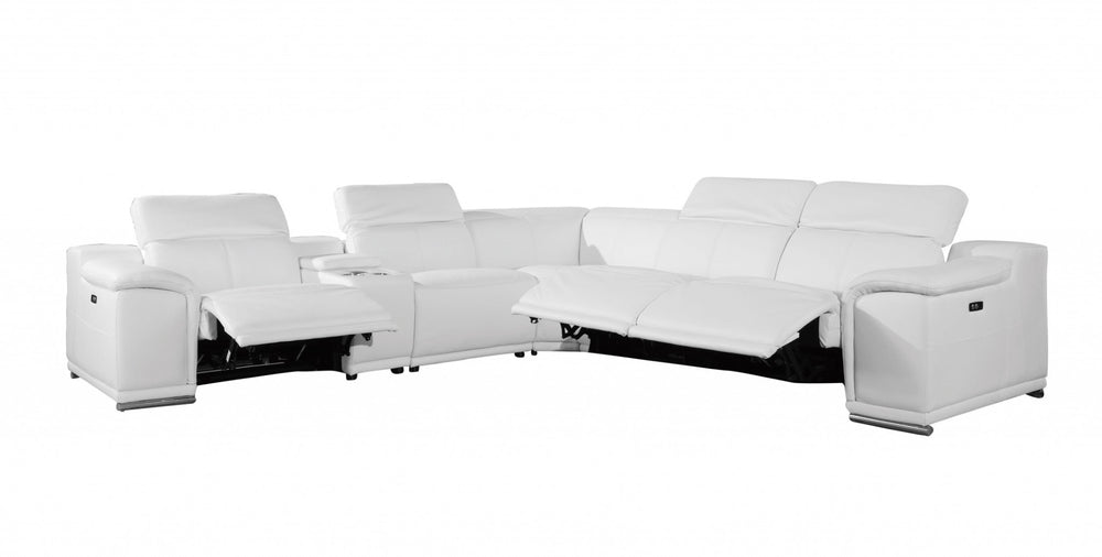 HomeRoots White Italian Leather U-Shaped Sectional Sofa with Power Recline, Console & Modern Design for Comfort White 366361
