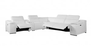 Homeroots White Italian Leather Power Reclining U Shaped Six Piece Corner Sectional With Console White  366361