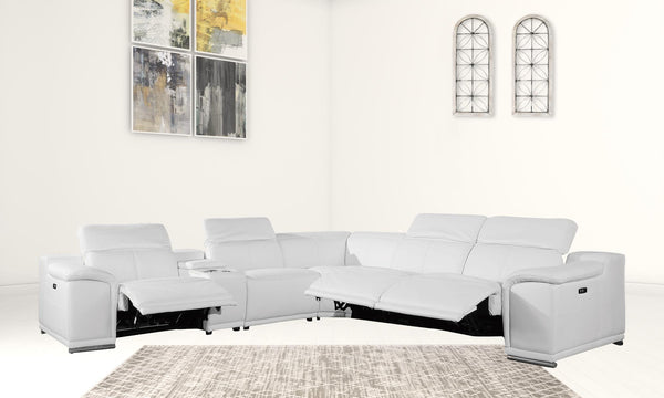 Homeroots White Italian Leather Power Reclining U Shaped Six Piece Corner Sectional With Console White  366361